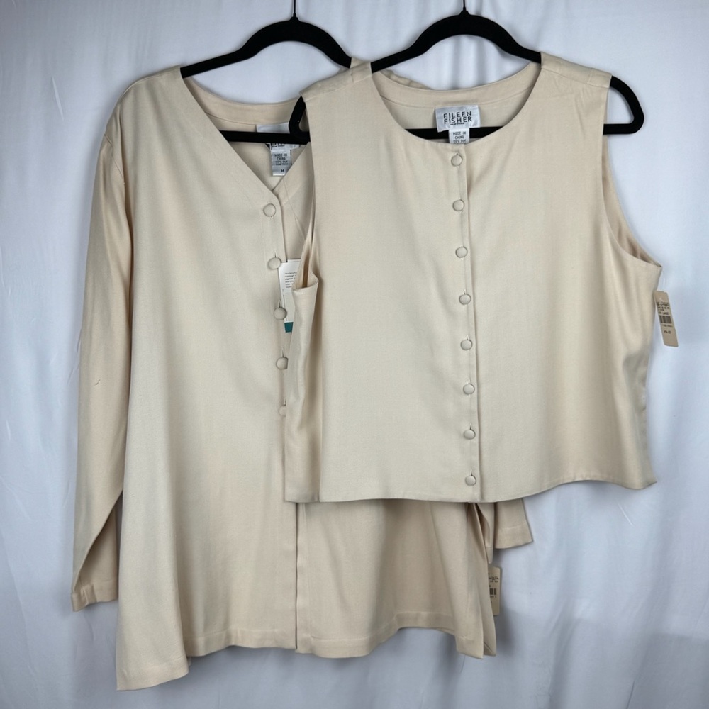 NEW! Vintage Eileen Fisher 100% Silk 2 Piece Cream Set - Vest & Tunic